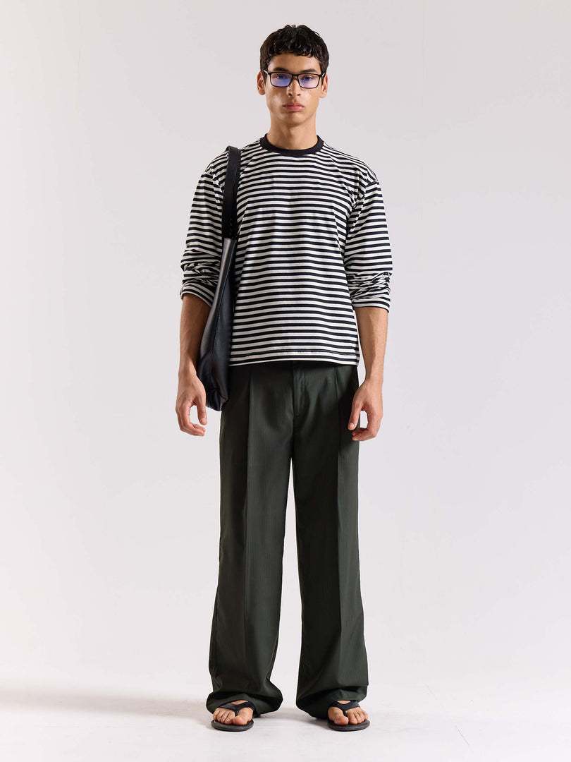 Green Pinstriped Baggy Fit Trousers