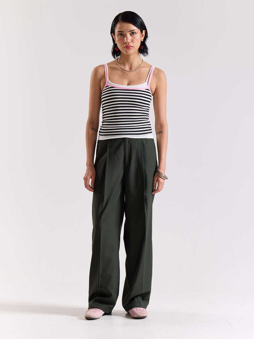 Green Pinstriped Baggy Fit Trousers