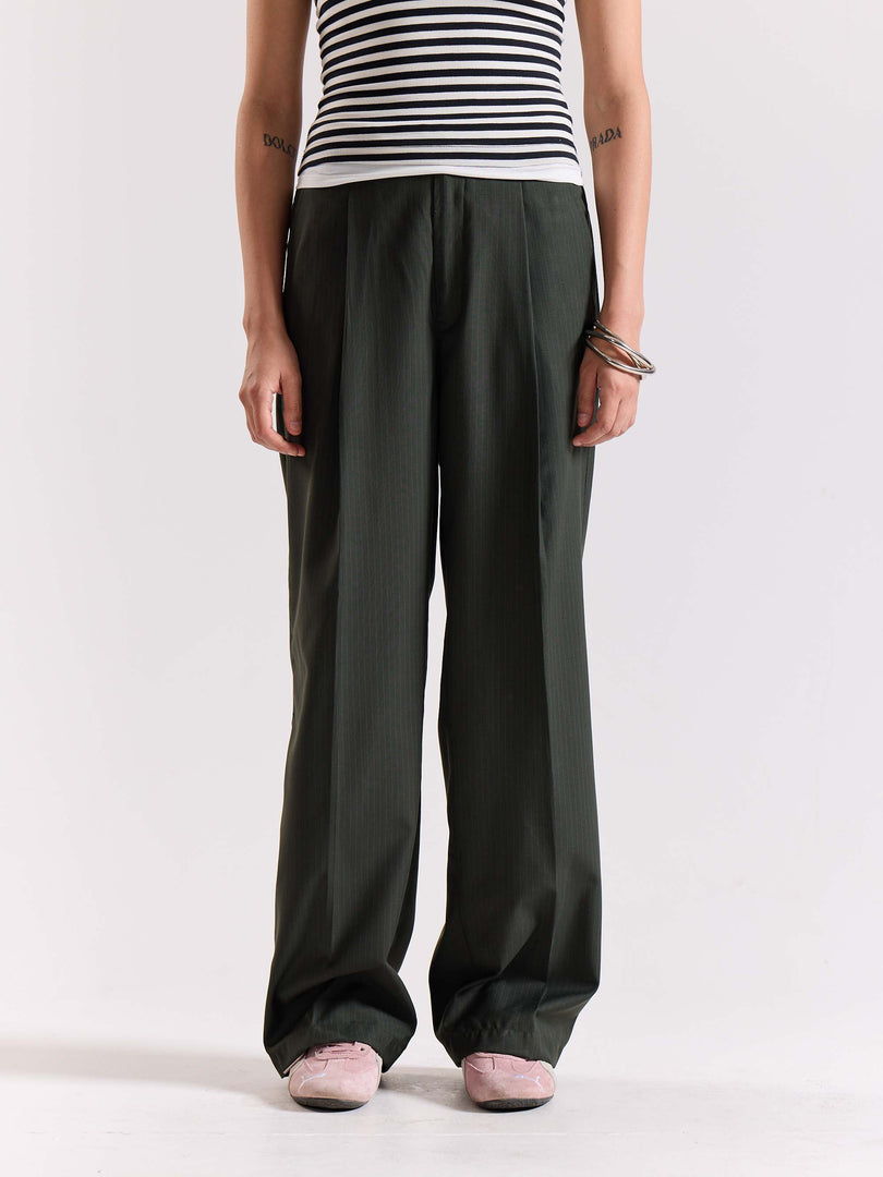 Green Pinstriped Baggy Fit Trousers