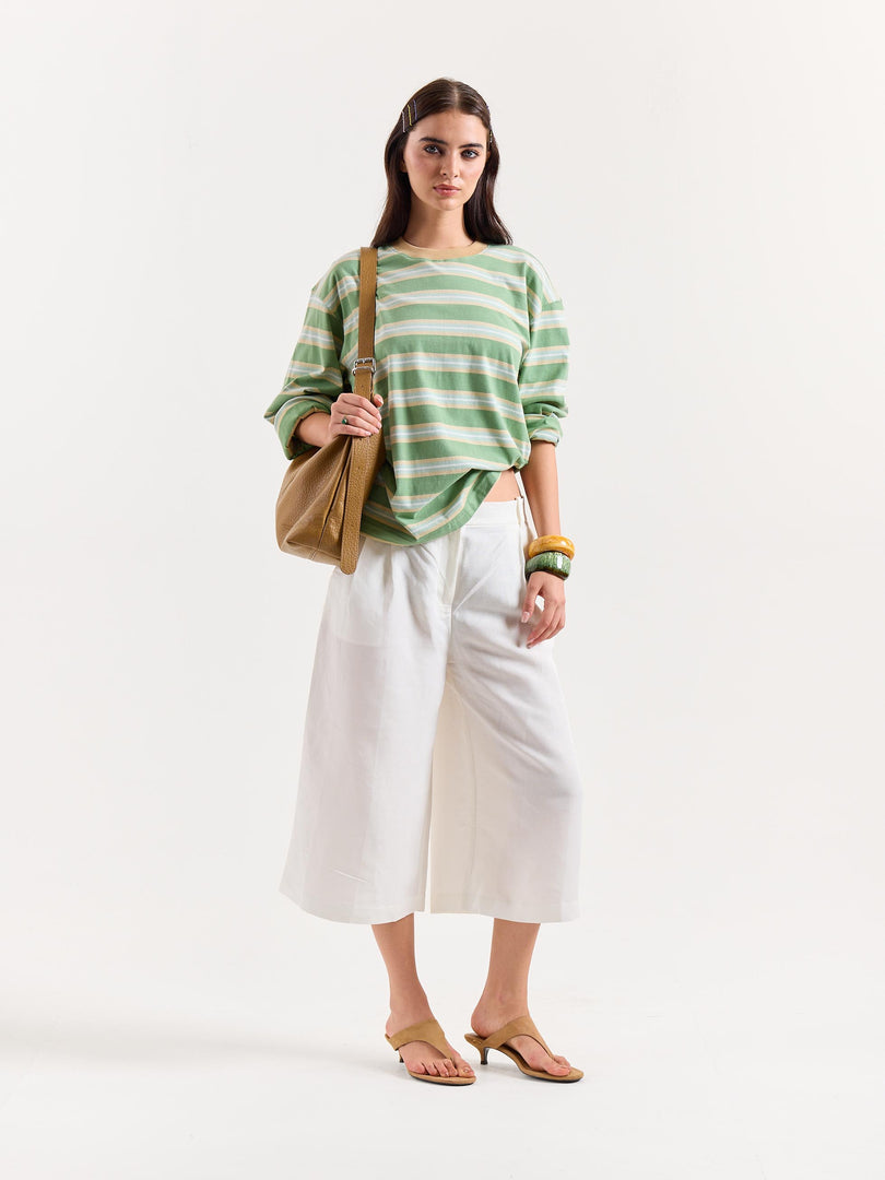 Green Multi-Striped Loose Fit Cropped T-Shirt