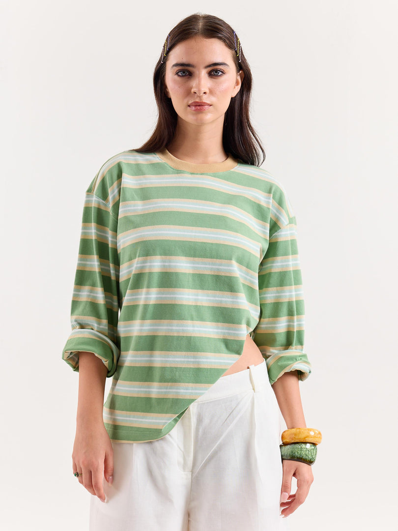 Green Multi-Striped Loose Fit Cropped T-Shirt