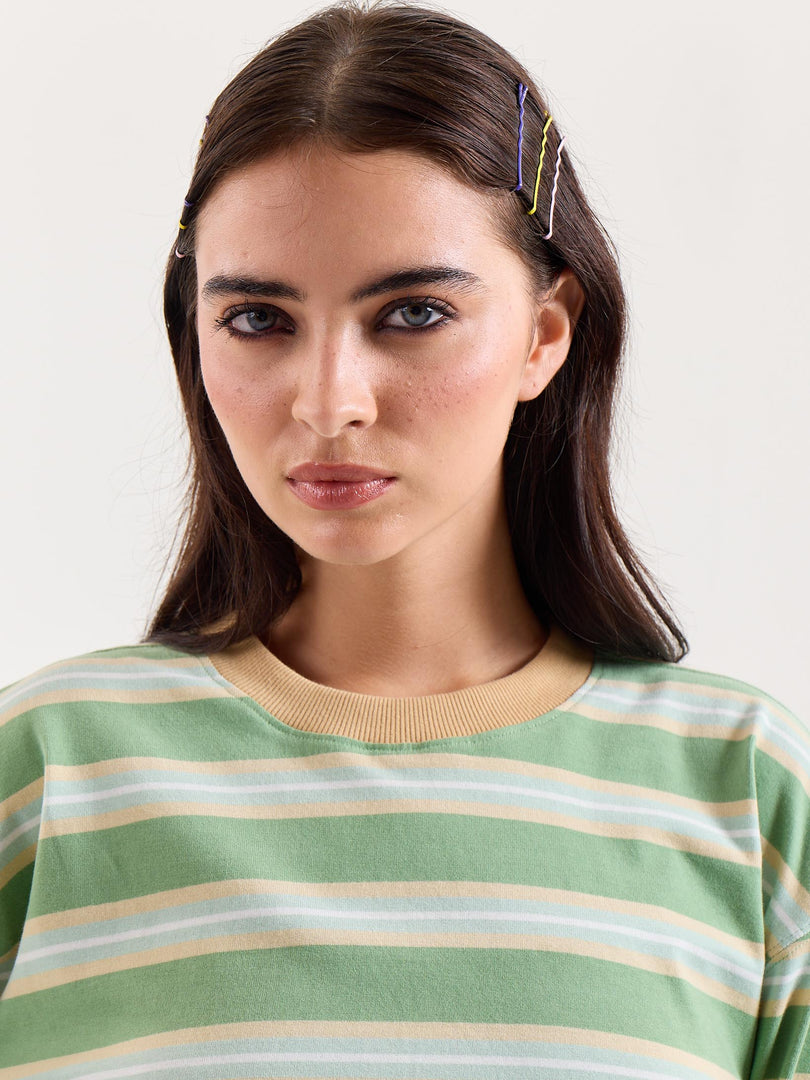 Green Multi-Striped Loose Fit Cropped T-Shirt