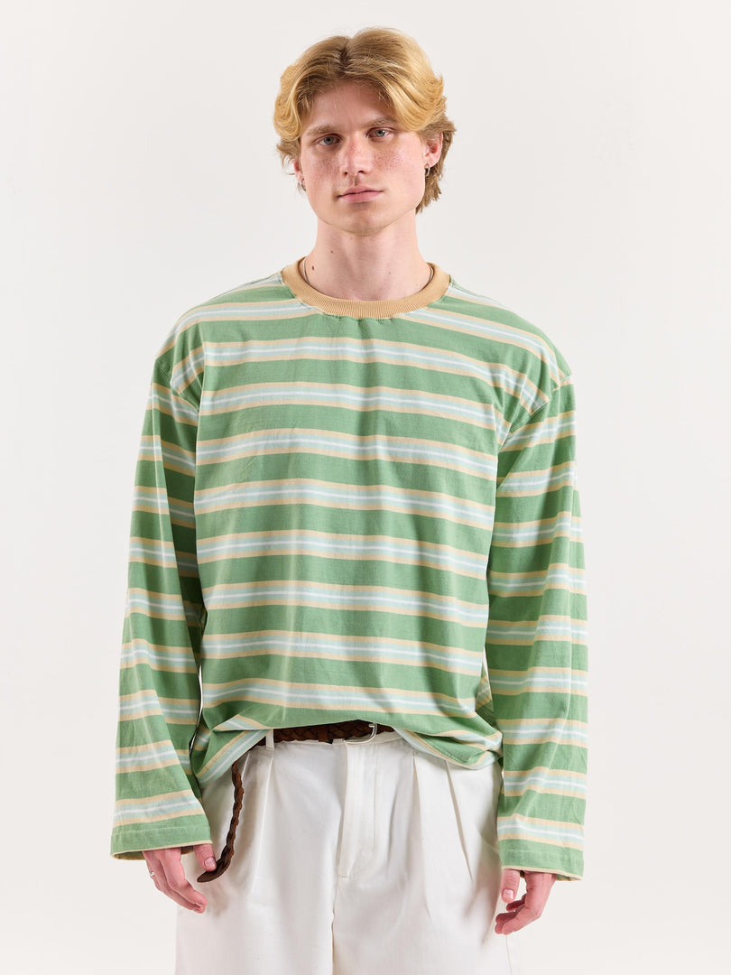 Green Multi-Striped Loose Fit Cropped T-Shirt