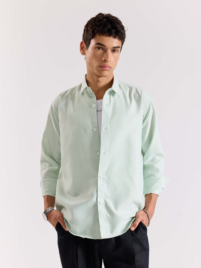 Relaxed Fit Green Striped Shirt