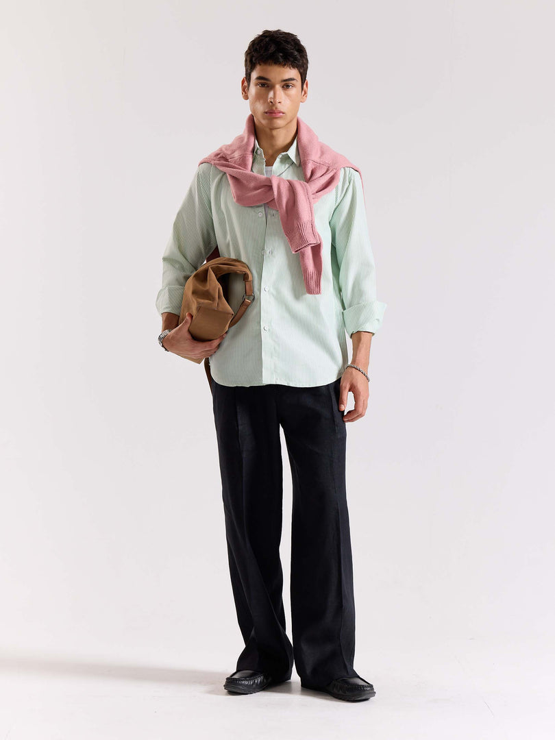 Relaxed Fit Green Striped Shirt