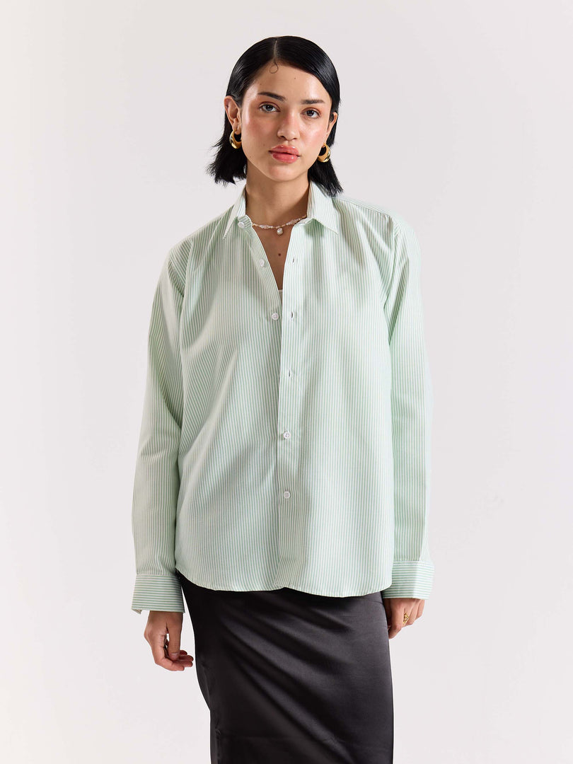 Relaxed Fit Green Striped Shirt