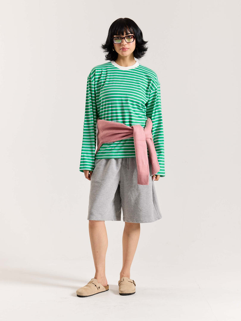 Green & White Striped Loose Fit Cropped T-Shirt