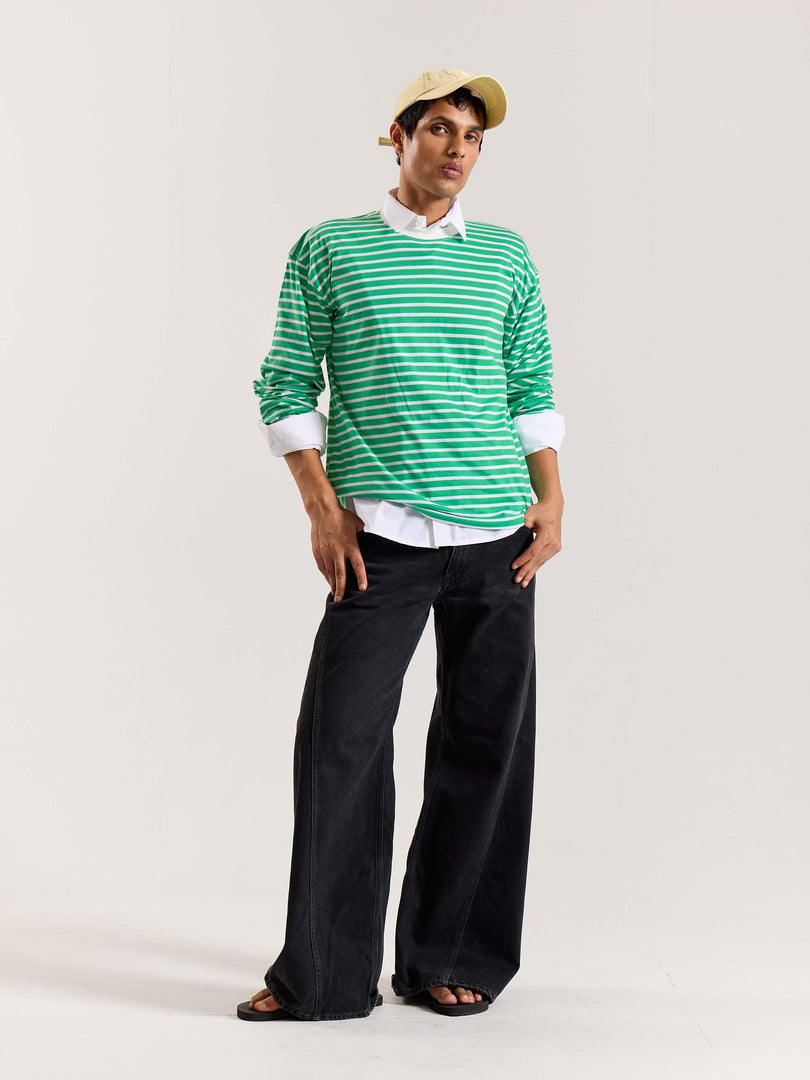 Green & White Striped Loose Fit Cropped T-Shirt