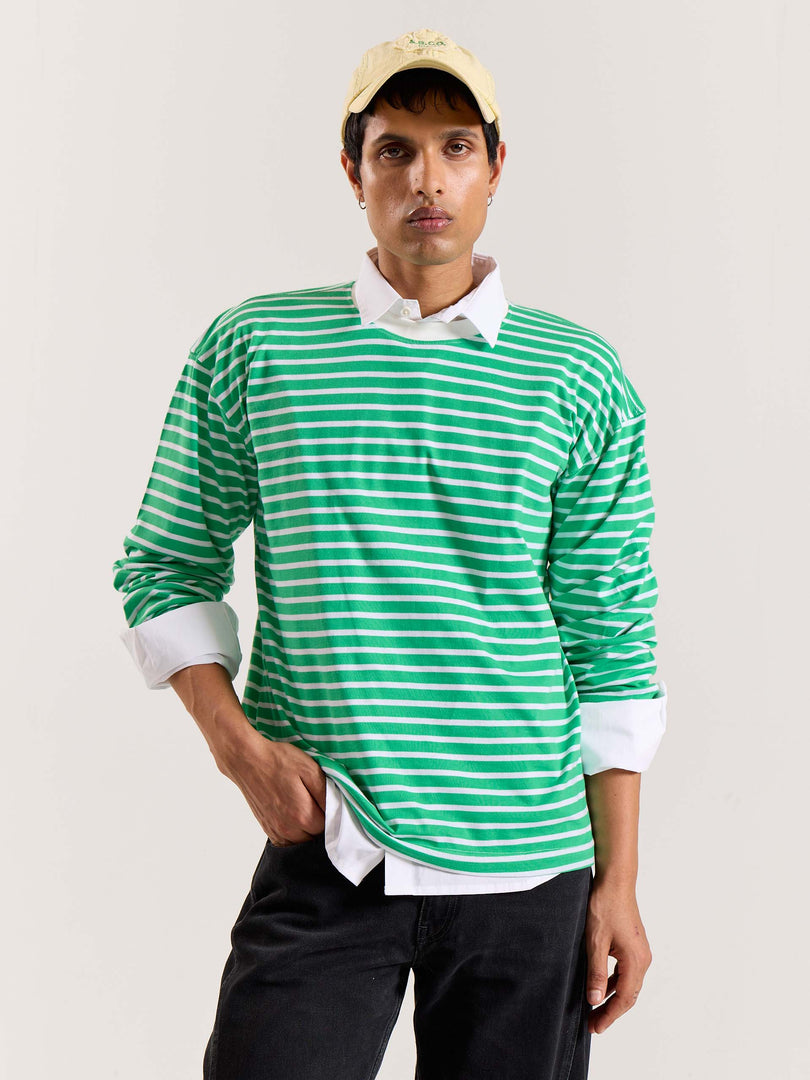 Green & White Striped Loose Fit Cropped T-Shirt