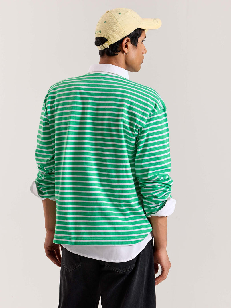 Green & White Striped Loose Fit Cropped T-Shirt