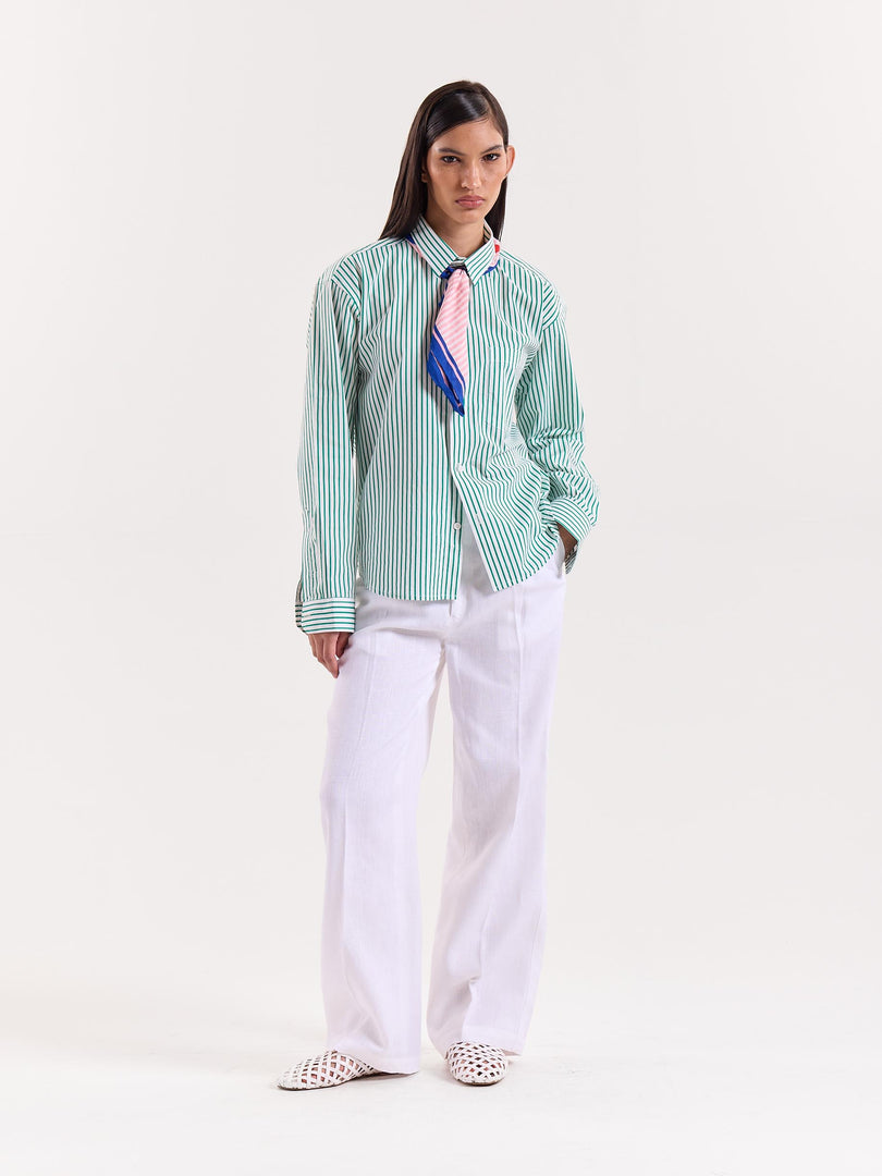 Green & White Striped Poplin Cropped Shirt