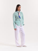 Load image into Gallery viewer, Green &amp; White Striped Poplin Cropped Shirt