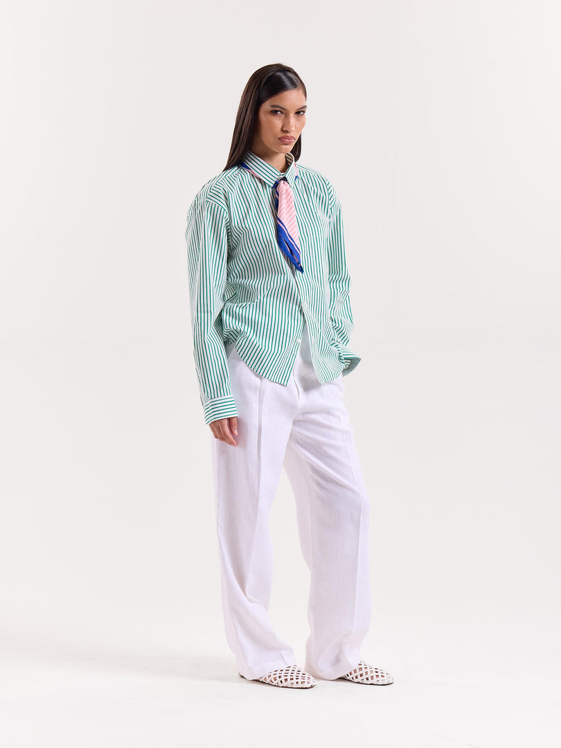 Green & White Striped Poplin Cropped Shirt