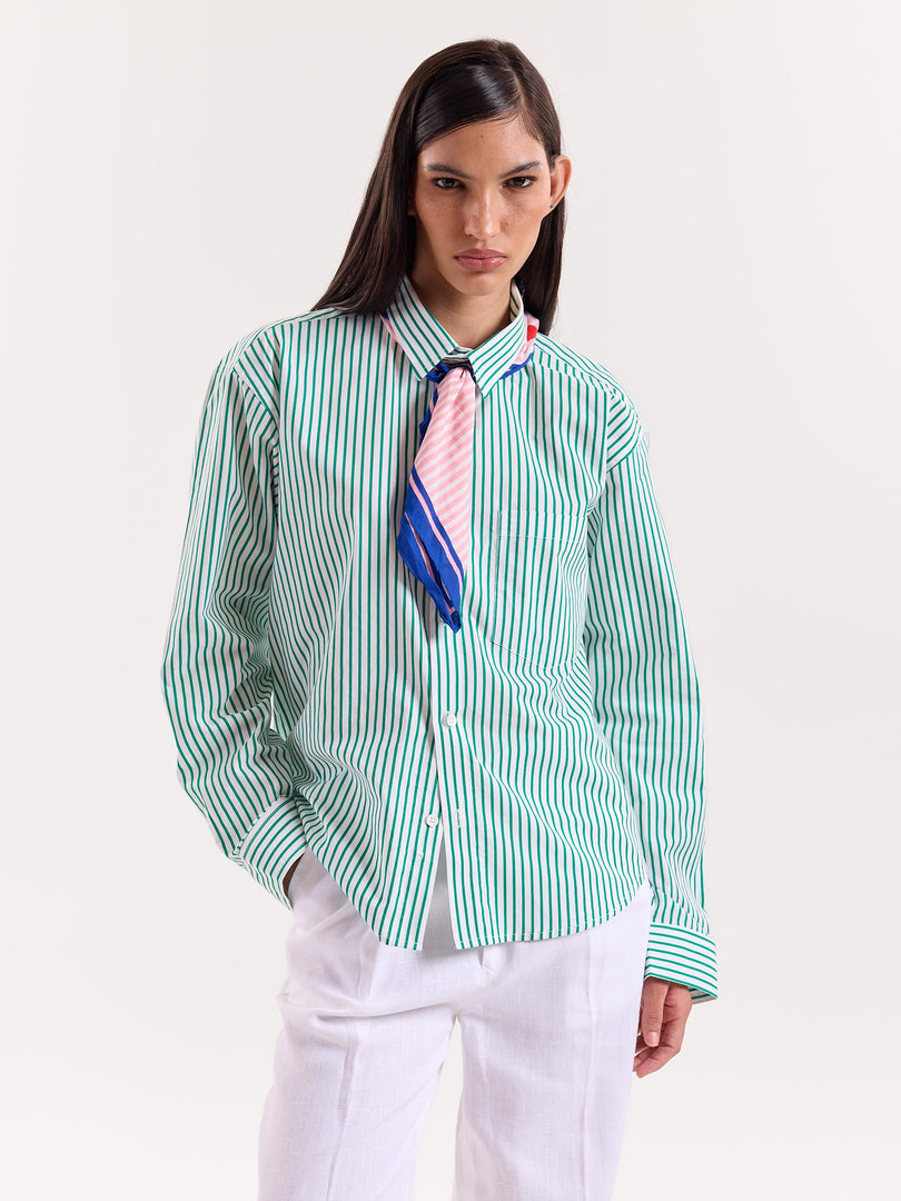 Green & White Striped Poplin Cropped Shirt