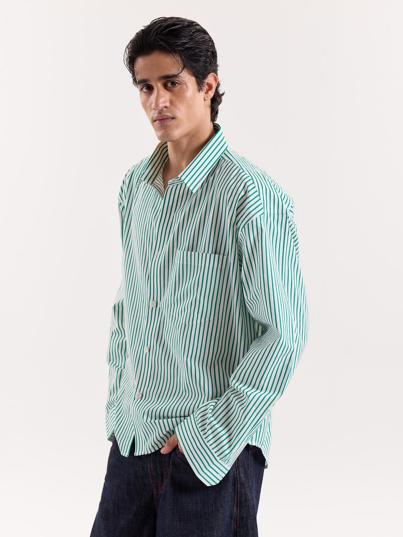 Green & White Striped Poplin Cropped Shirt