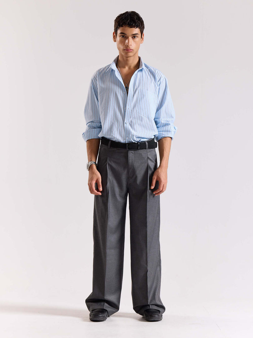 Grey Pinstriped Baggy Fit Trousers