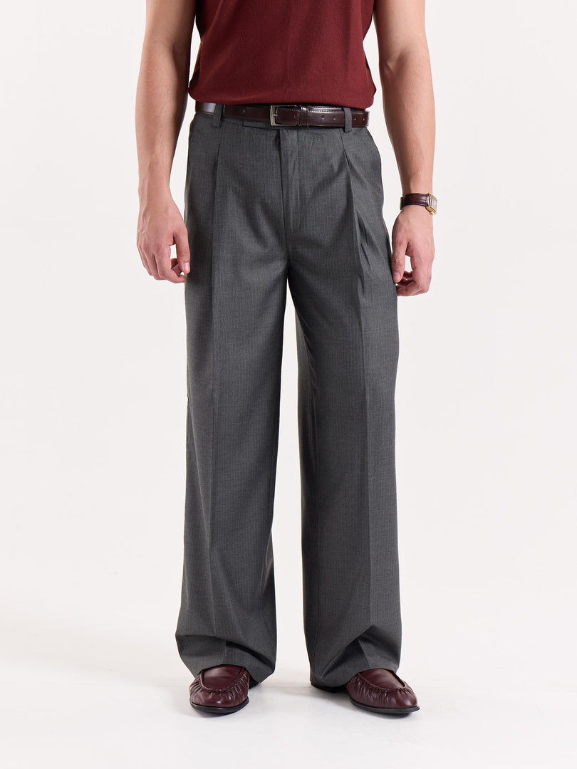 Grey Pinstriped Baggy Fit Trousers