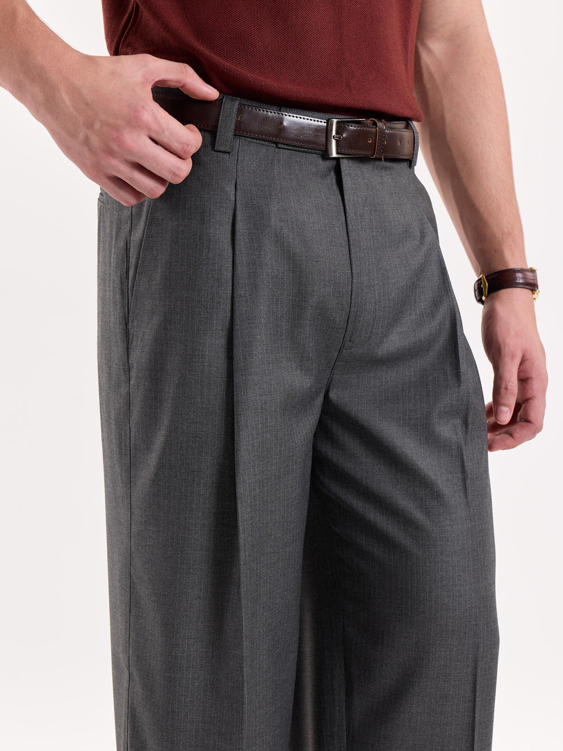 Grey Pinstriped Baggy Fit Trousers
