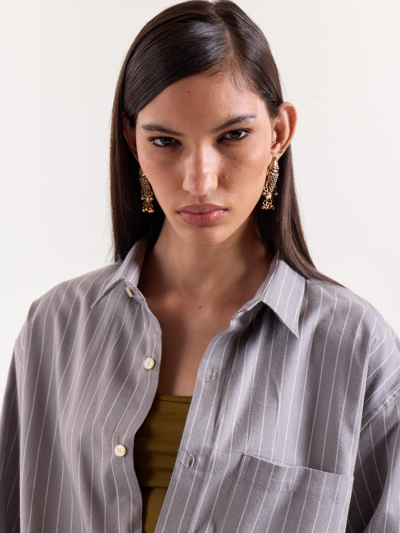 Grey Pinstriped Cropped Shirt