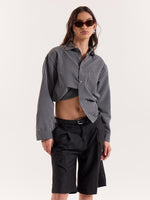 Load image into Gallery viewer, Grey &amp; Black Striped Seersucker Cropped Shirt