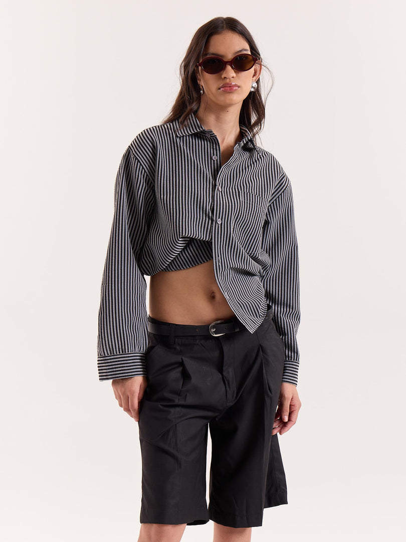 Grey & Black Striped Seersucker Cropped Shirt