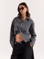 Load image into Gallery viewer, Grey &amp; Black Striped Seersucker Cropped Shirt
