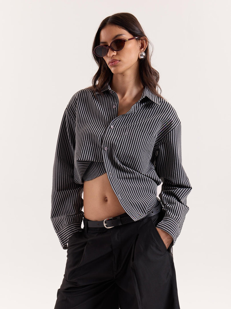 Grey & Black Striped Seersucker Cropped Shirt