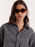 Load image into Gallery viewer, Grey &amp; Black Striped Seersucker Cropped Shirt