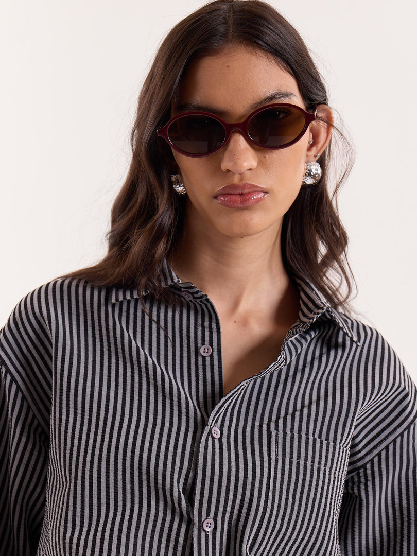 Grey & Black Striped Seersucker Cropped Shirt