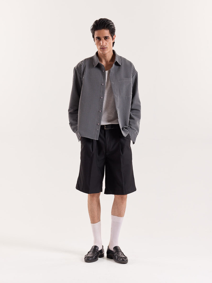Grey & Black Striped Seersucker Cropped Shirt