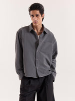 Load image into Gallery viewer, Grey &amp; Black Striped Seersucker Cropped Shirt
