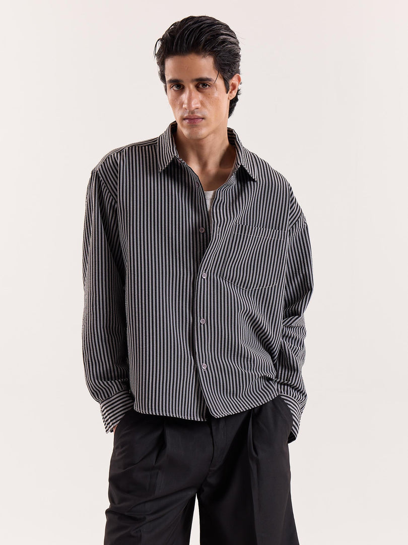 Grey & Black Striped Seersucker Cropped Shirt