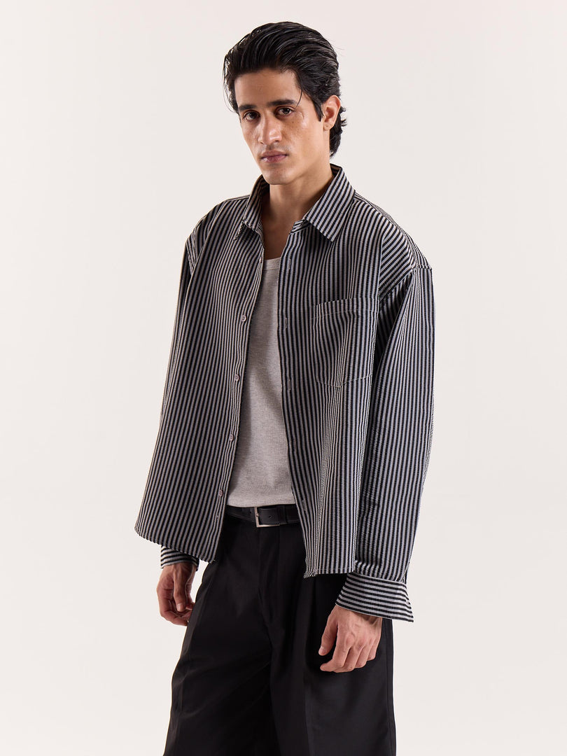 Grey & Black Striped Seersucker Cropped Shirt