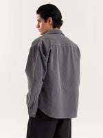 Load image into Gallery viewer, Grey &amp; Black Striped Seersucker Cropped Shirt