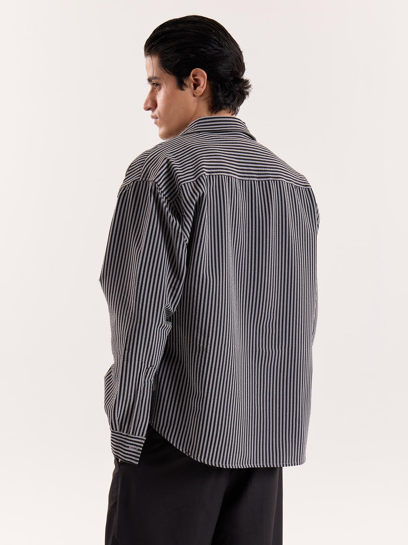 Grey & Black Striped Seersucker Cropped Shirt