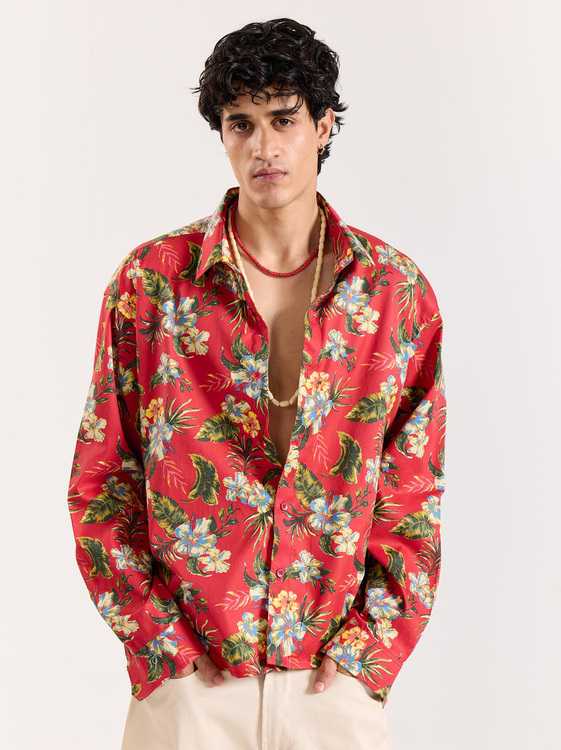Hibiscus Hawaiian Red Printed Shirt