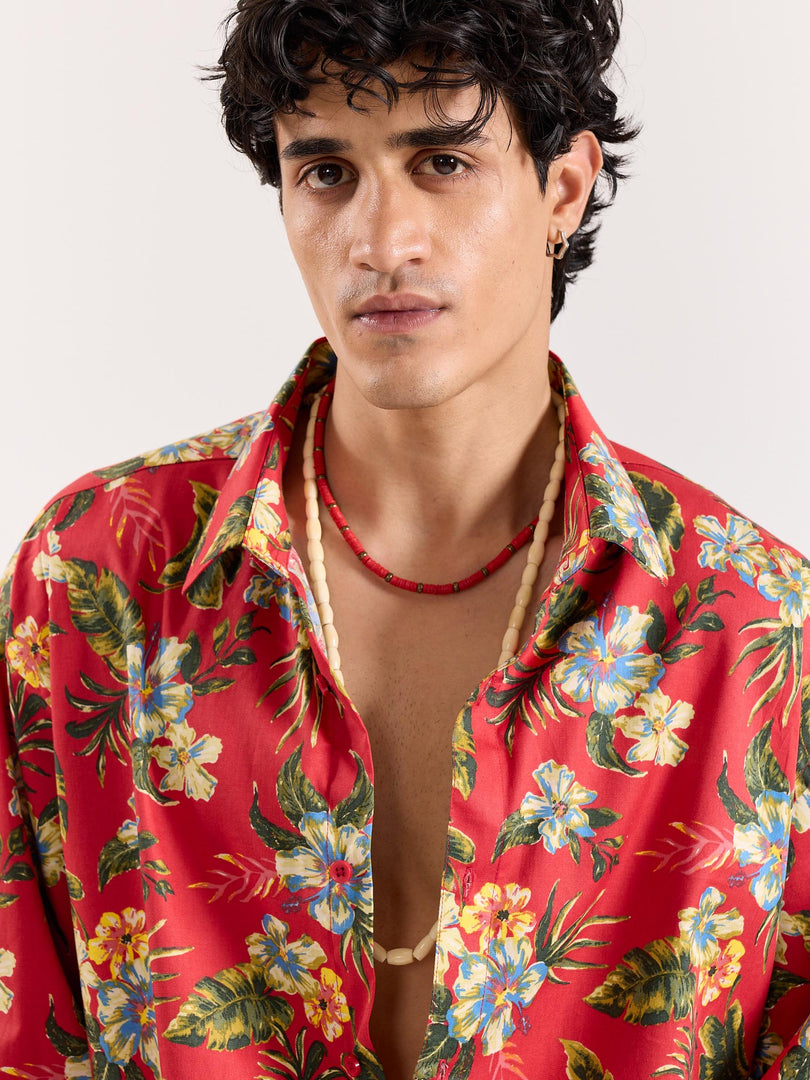 Hibiscus Hawaiian Red Printed Shirt