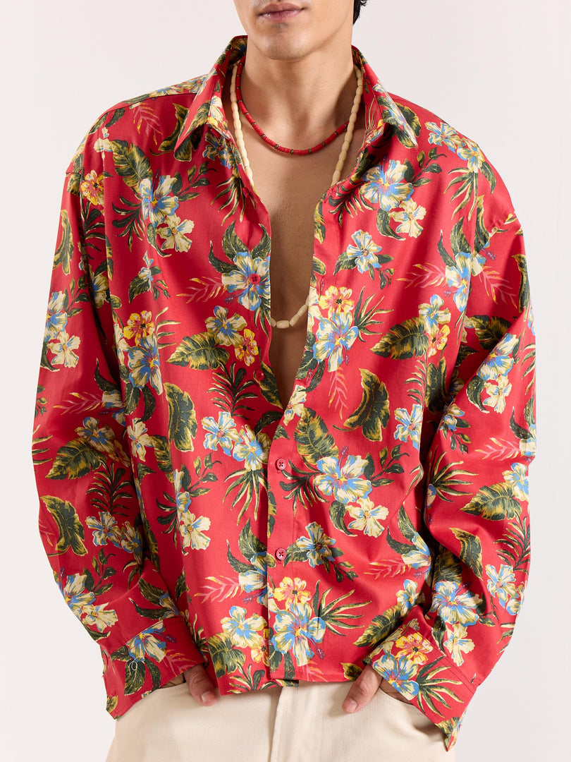 Hibiscus Hawaiian Red Printed Shirt