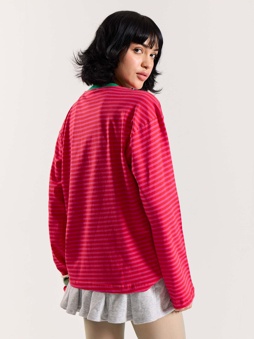 Hot Pink Stripe Loose Fit Cropped T-Shirt