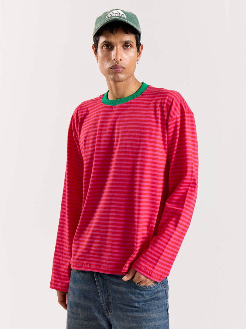 Hot Pink Stripe Loose Fit Cropped T-Shirt