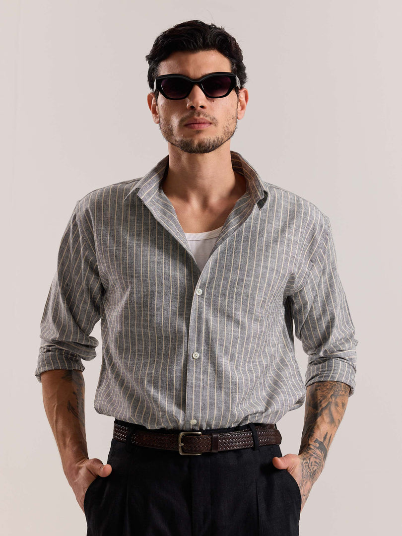 Grey Striped Linen-blend Shirt