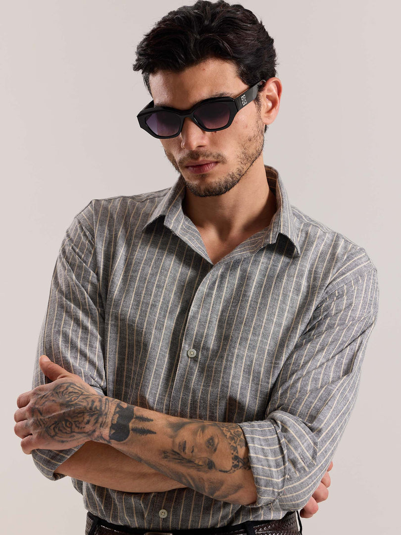 Grey Striped Linen-blend Shirt