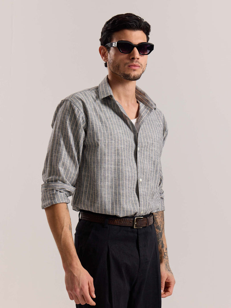 Grey Striped Linen-blend Shirt