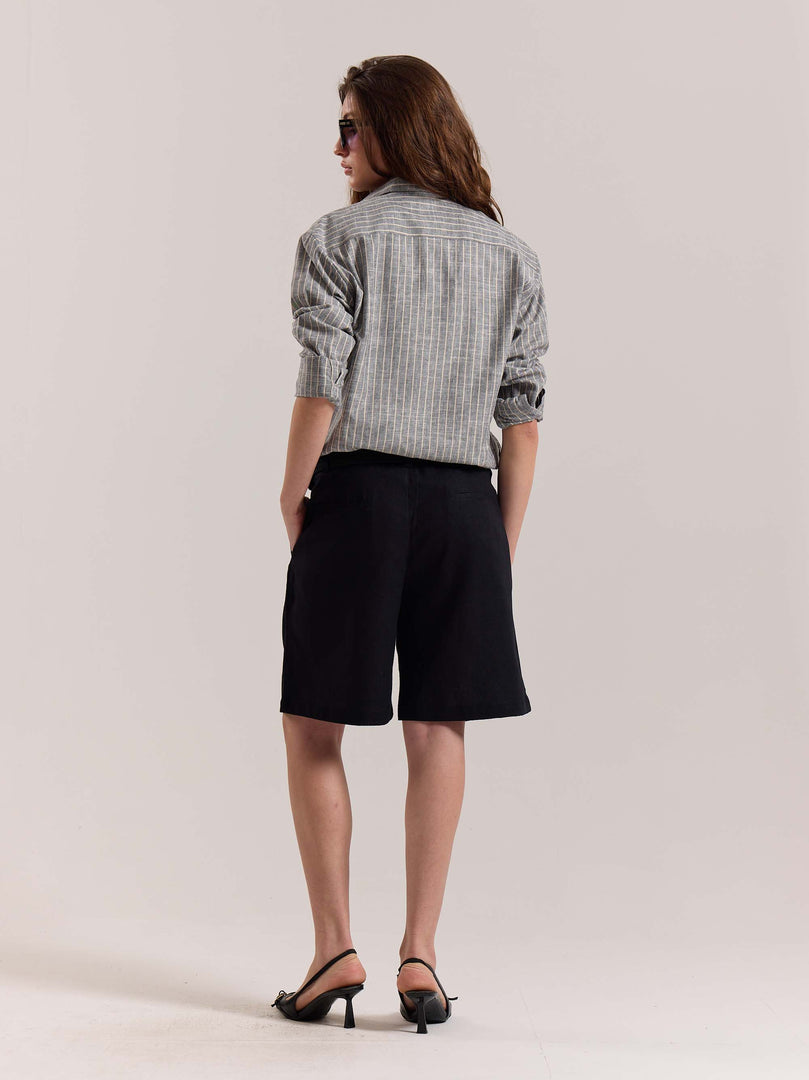 Grey Striped Linen-blend Shirt