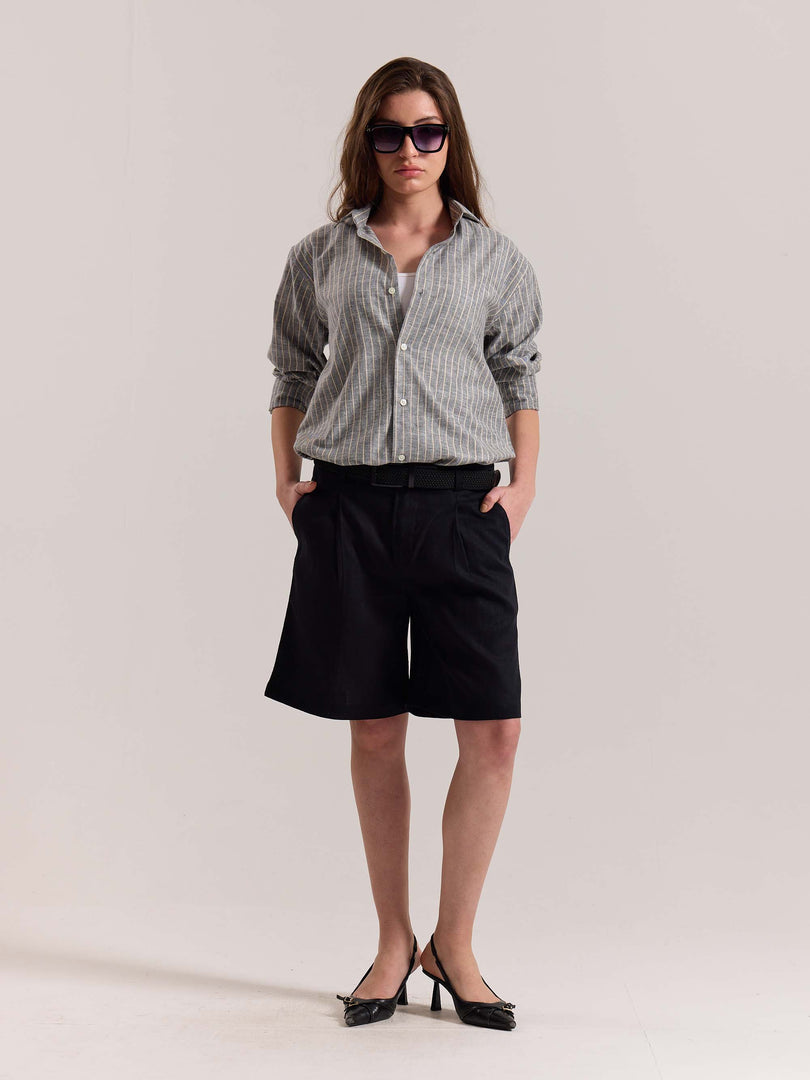 Grey Striped Linen-blend Shirt