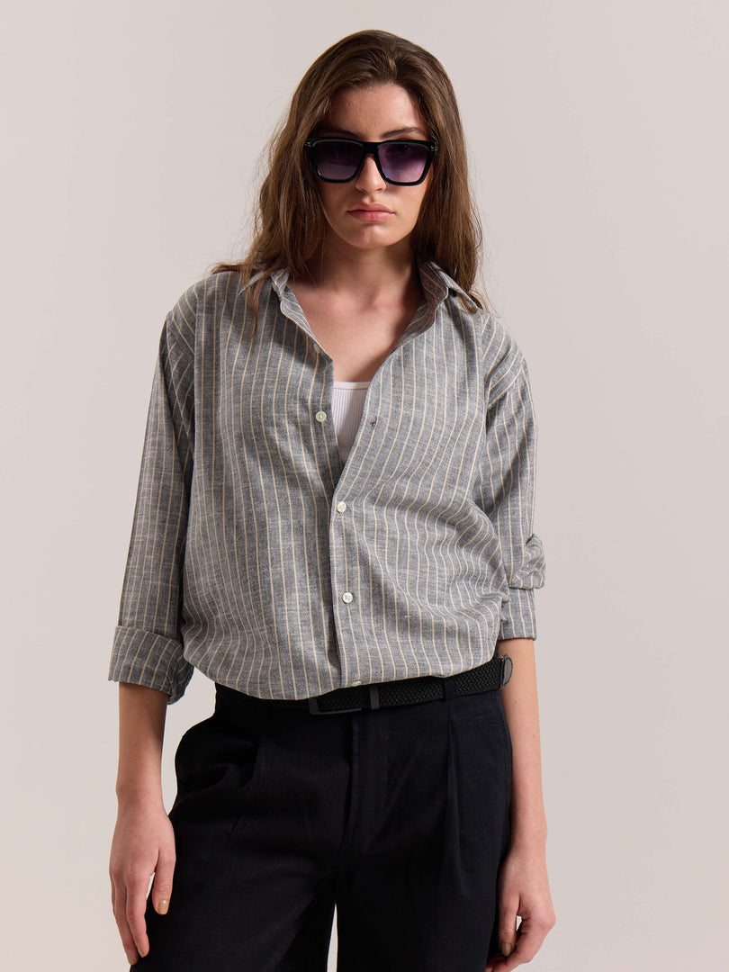 Grey Striped Linen-blend Shirt