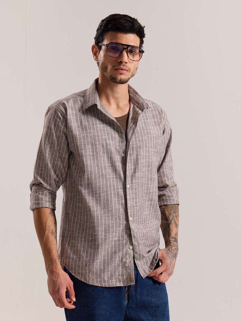 Brown Striped Linen-blend Shirt