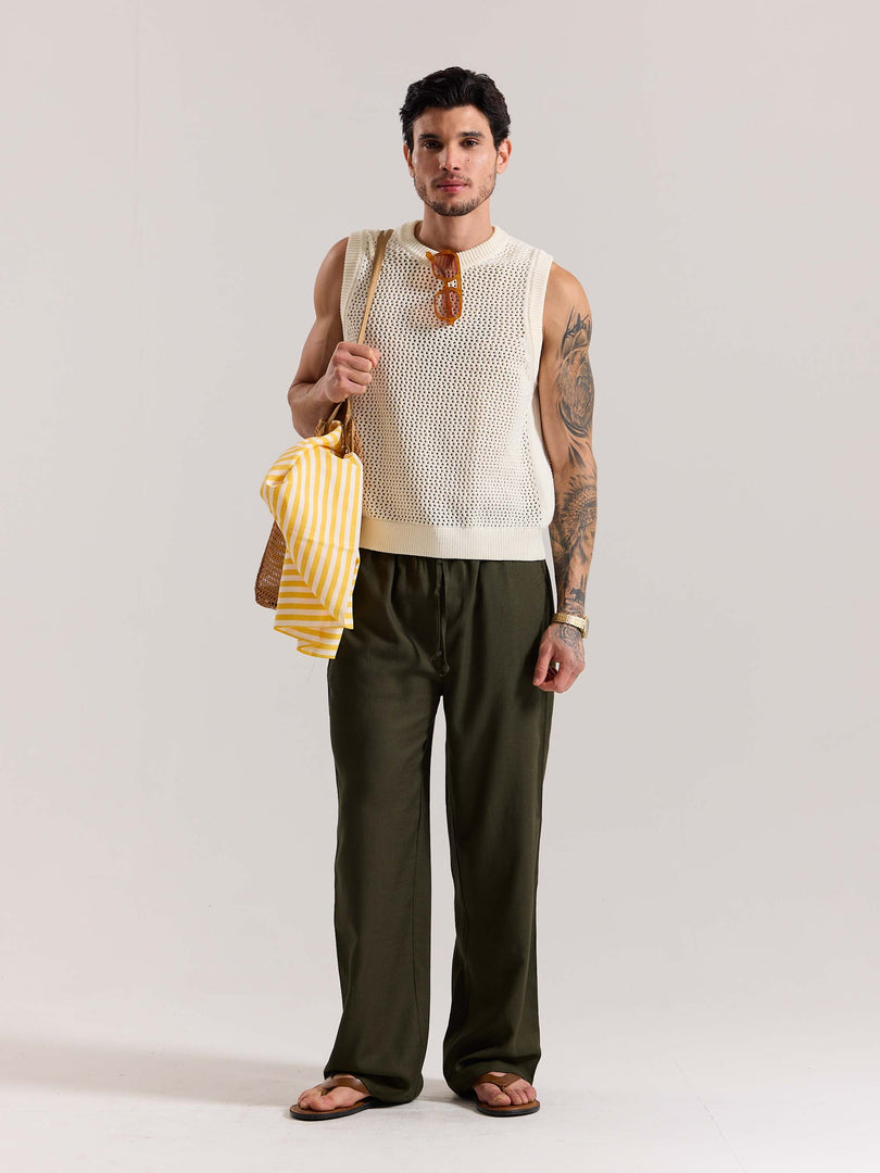 Olive Green Linen Pull-on Pants