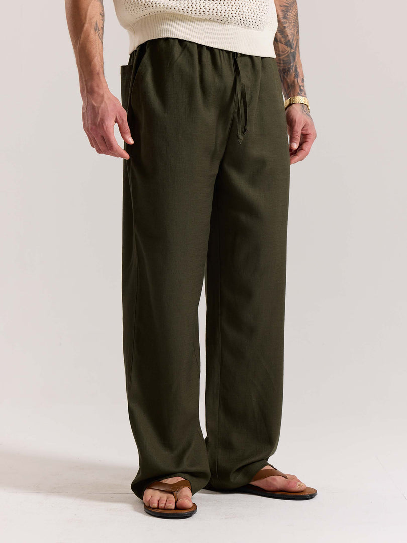 Olive Green Linen Pull-on Pants