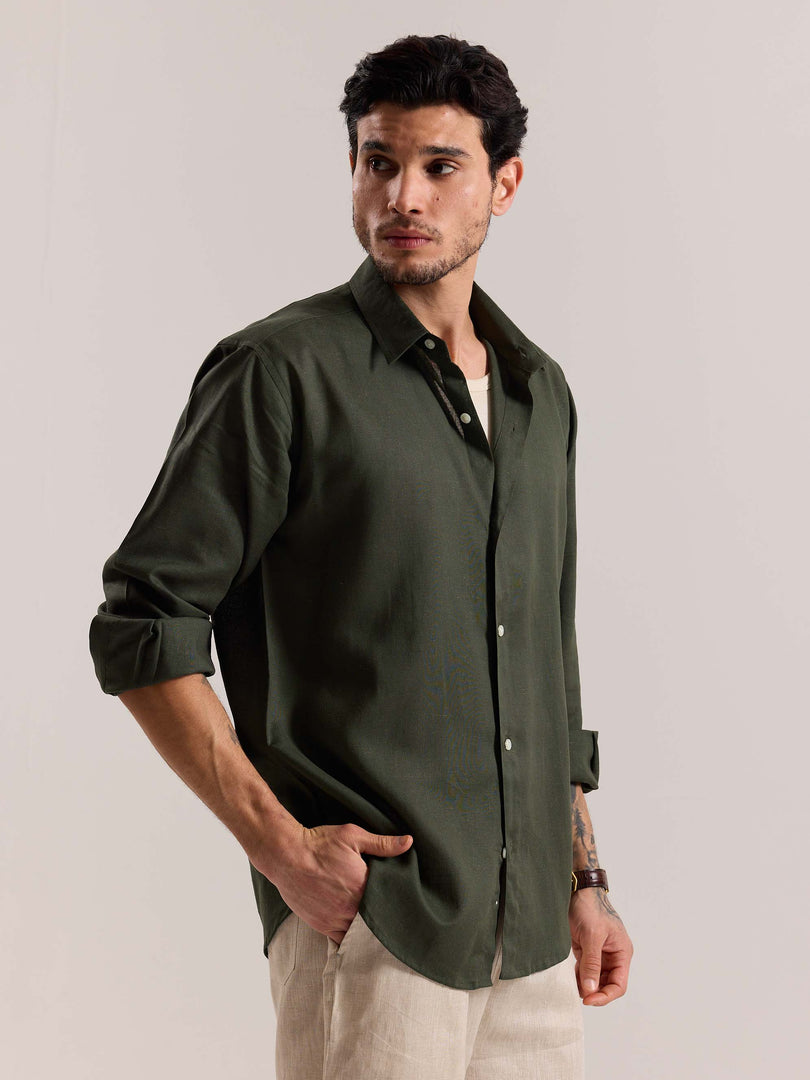 Dark Green Linen-blend Shirt